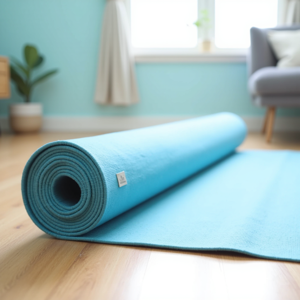 Rolled-up blue yoga mat on a wooden floor with a light blue wall and gray chair in the background.