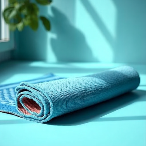 Rolled-up blue yoga mat on a light blue surface with a plant in the corner