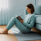 Woman sitting on a yoga mat in a living room, writing in a notebook.