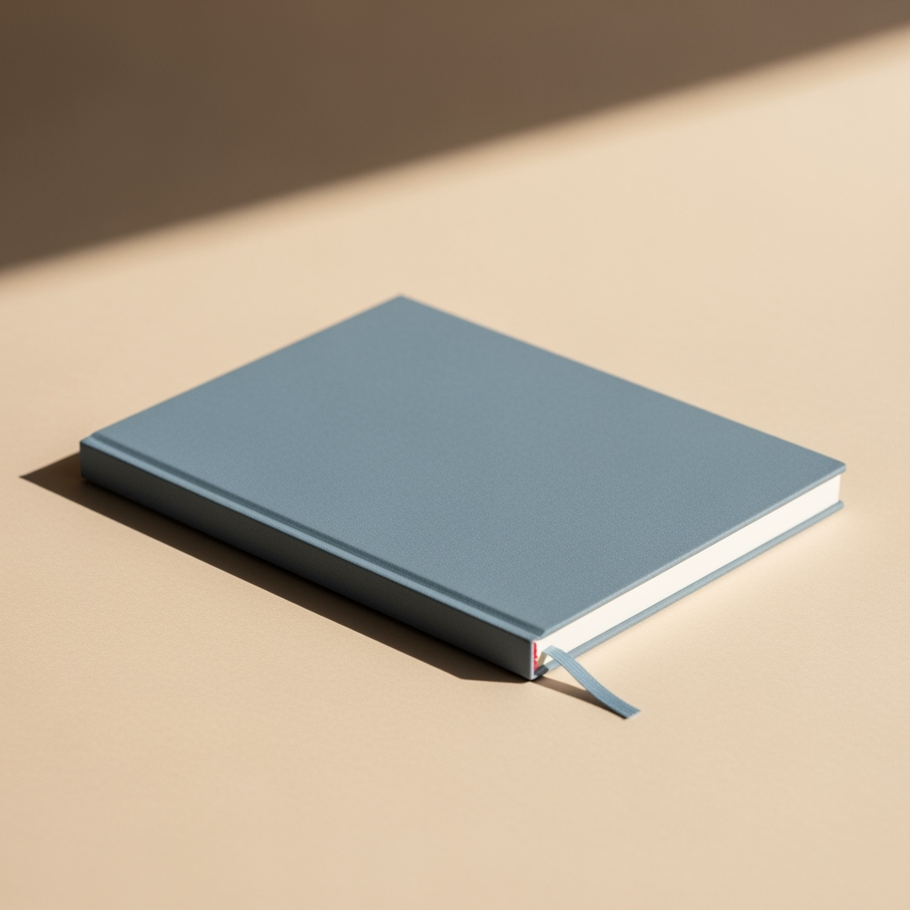 Blue notebook on a beige surface with a soft shadow